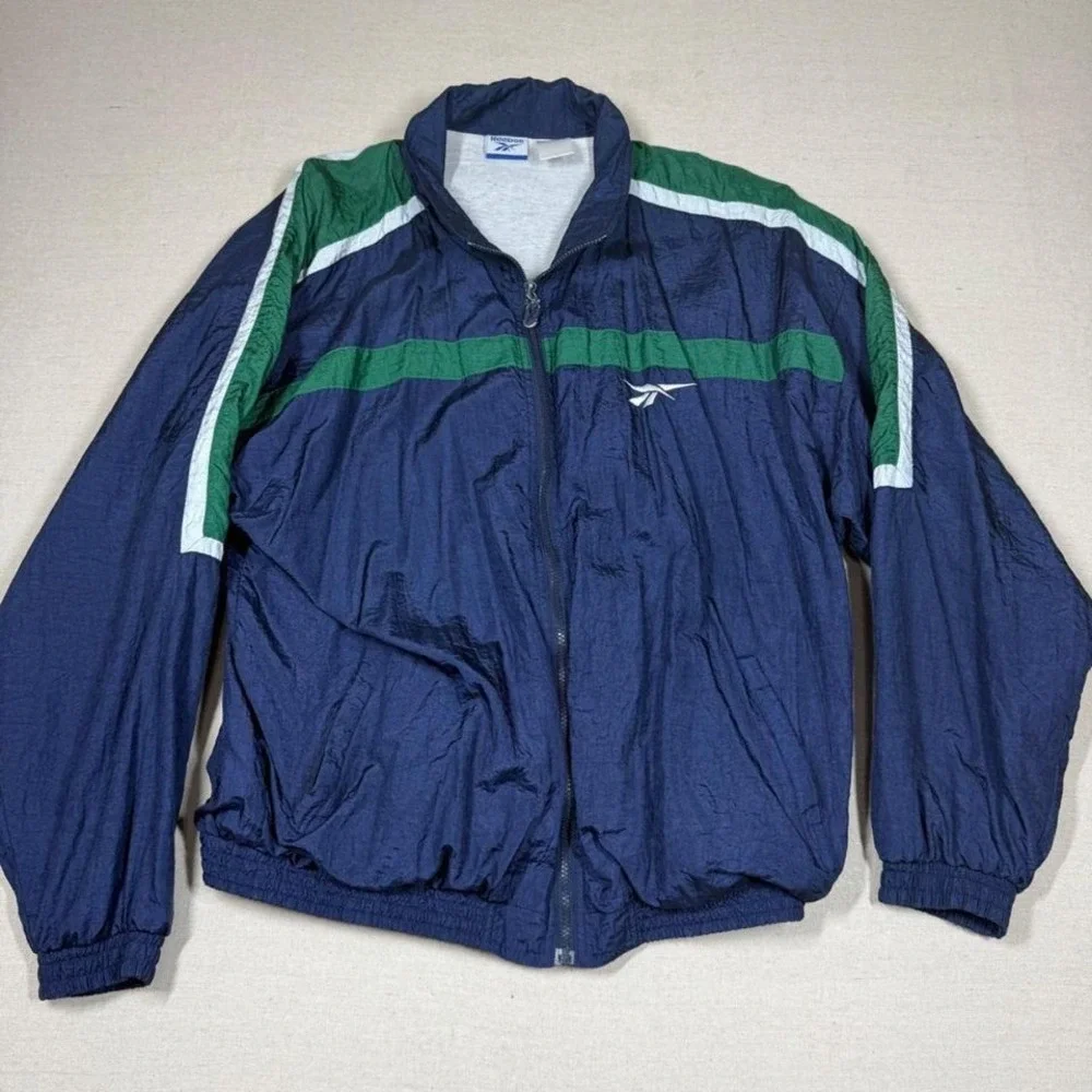 Reebok Windbreaker Jacket Mens XL Navy Green‎ 90s Y2K Track Zip